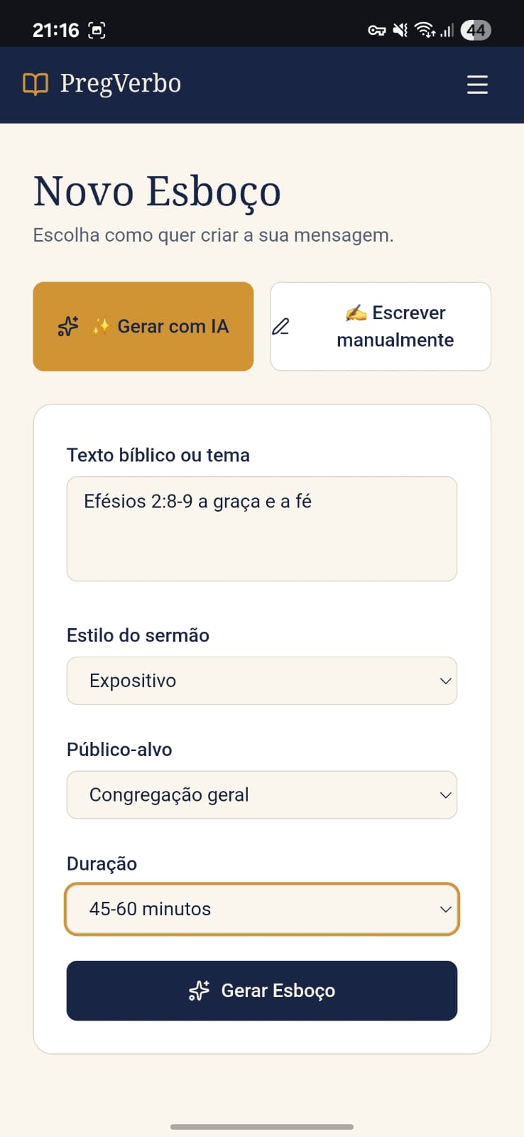 Tela de novo esboço no PregVerbo